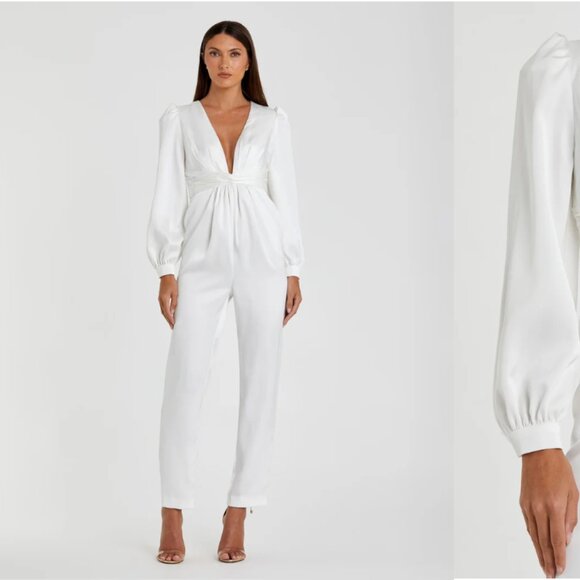 White Front Twist Puff Sleeve Deep V Jumpsuit Ieena for Macduggal - Picture 1 of 6